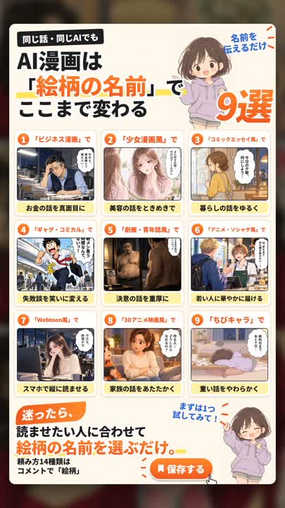 Instagram のリールの見本「AI漫画の絵柄の名前9選」