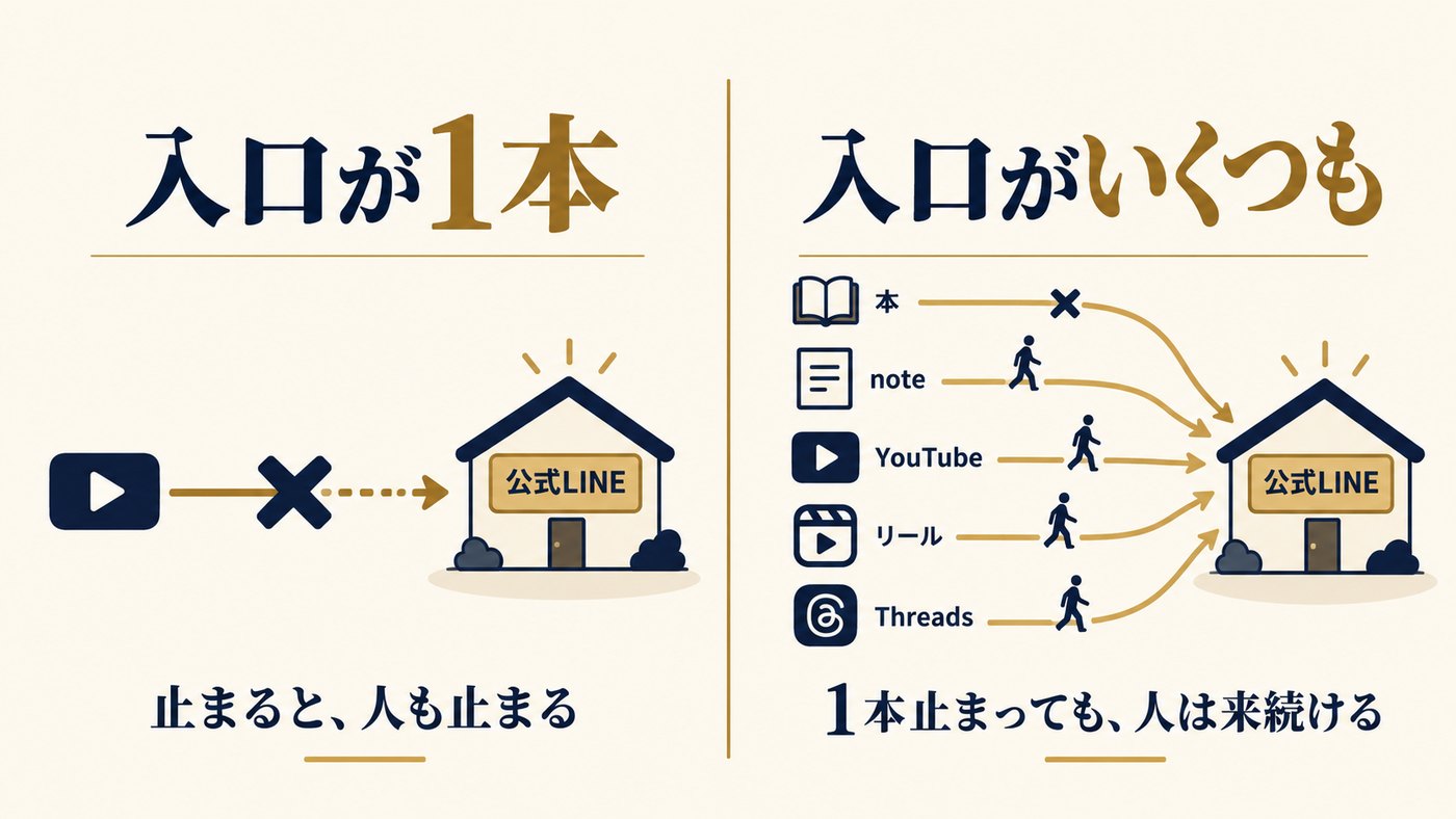 入口が1本だけだと止まったときに人も止まり、入口がいくつもあれば1本止まっても人が来続けることを比べた図