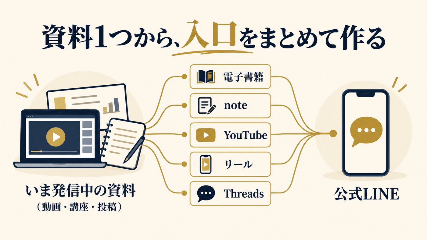 いま発信している資料1つから、電子書籍・note・YouTube・リール・Threadsを作り、すべてを公式LINEにつなぐ流れの図