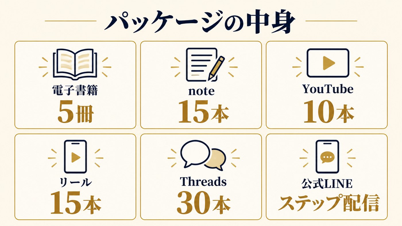 パッケージの中身：電子書籍5冊・note15本・YouTube10本・リール15本・Threads30本・公式LINEのステップ配信