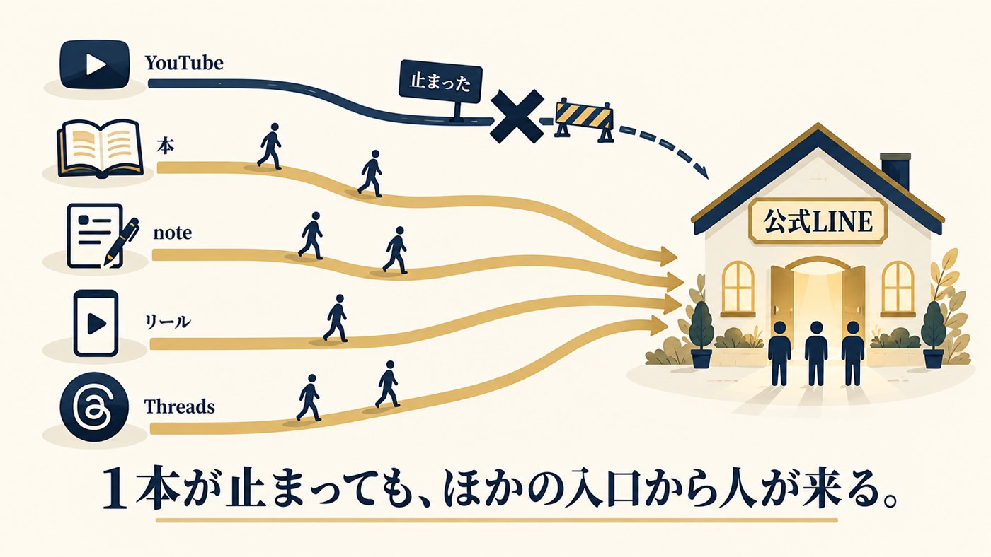 YouTubeの道だけが通行止めになっても、本・note・リール・Threadsの道から人が公式LINEへ歩いて来る図